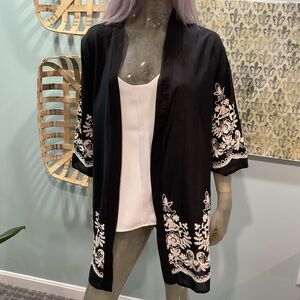 Highness Black Kimono with White Floral Embroidery